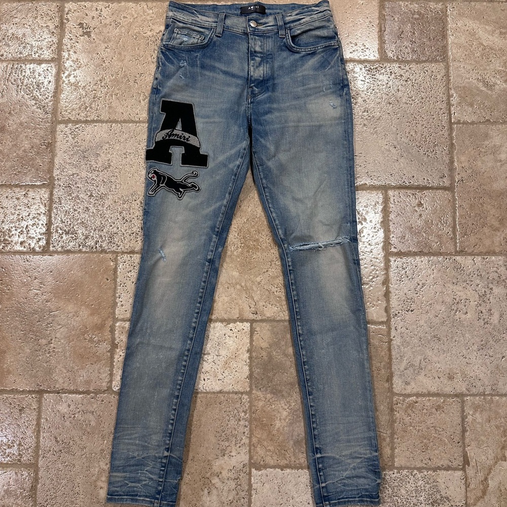 Amiri Varsity A Logo Patch Blue Light Indigo Wash Denim Jean
